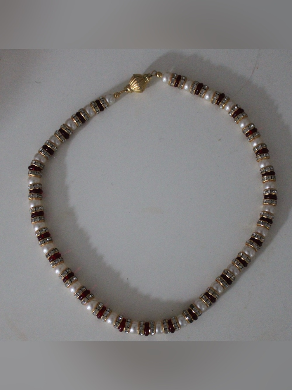 Vintage Style Pearl and Red Beaded Barrel Clasp Necklace